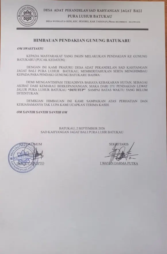 Himbauan Pendakian Gunung Batukaru